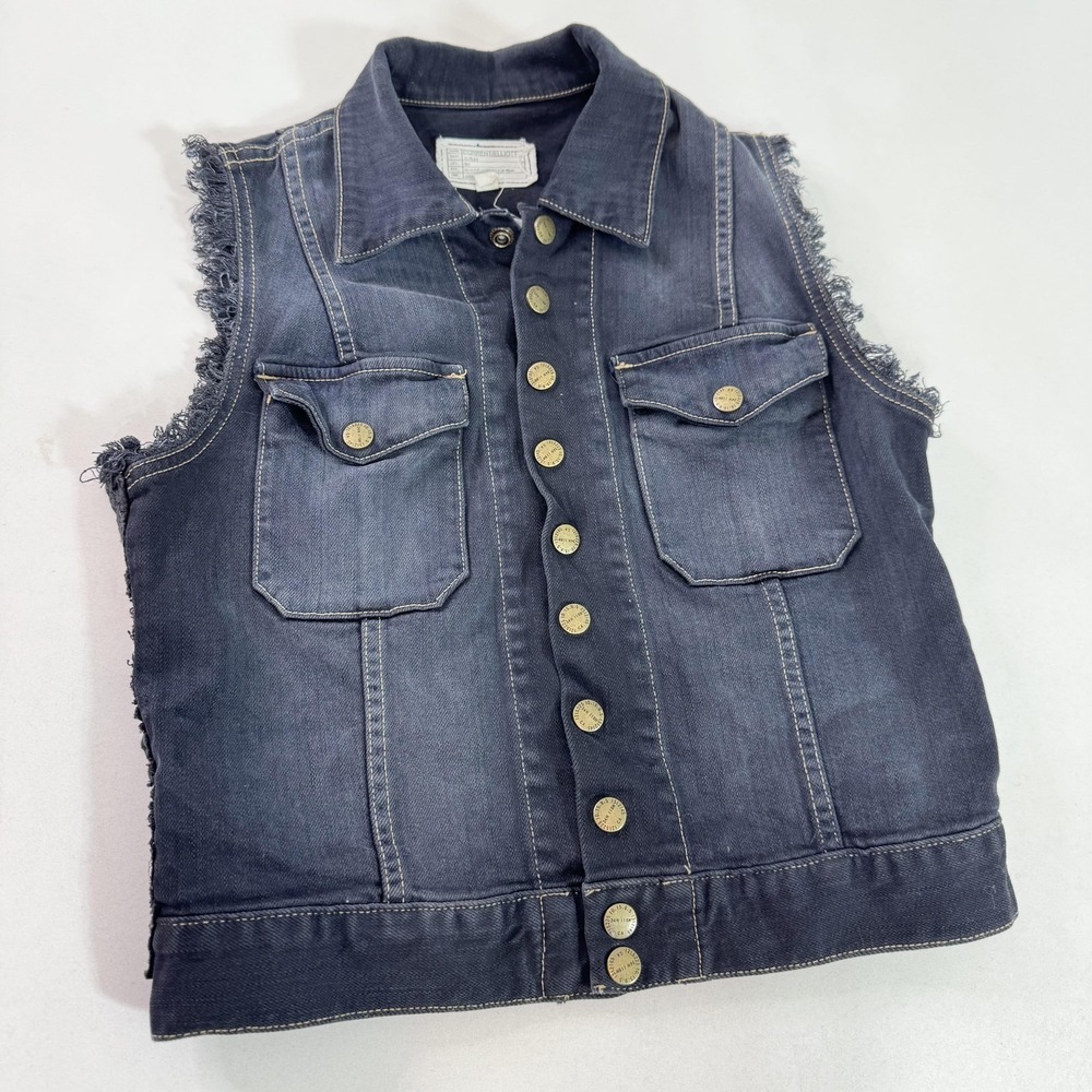Current/Elliott Vest Womens 0 Blue Denim Lace Back Button Front Frayed USA